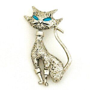 Vintage MCM Cat Brooch/Pin with Turquoise Color Eyes - Signed JC (Joseph Cleary)